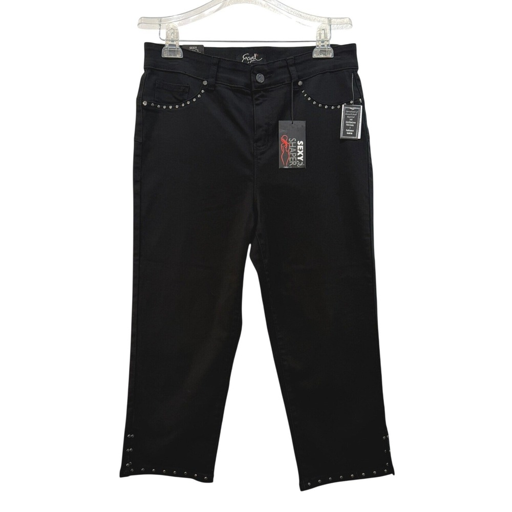 Earl Jean Sexy Shaper Black Studded Crop Jeans Women's 12 High Rise Straight Leg